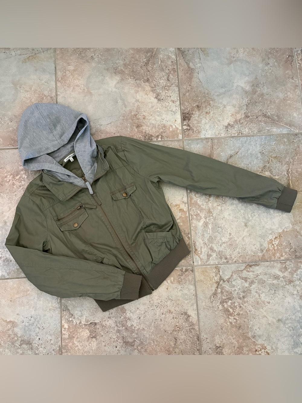 Charlotte Russe Olive Hooded Utility Bomber Jacket Dual Zipper Gray Hood Cropped